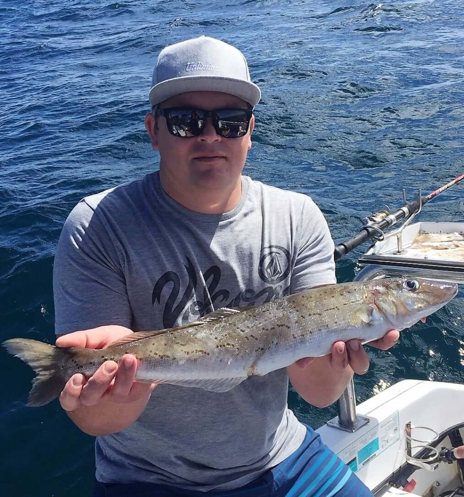 Man wearing sunglasses and hat holding fish on boat out on ocean